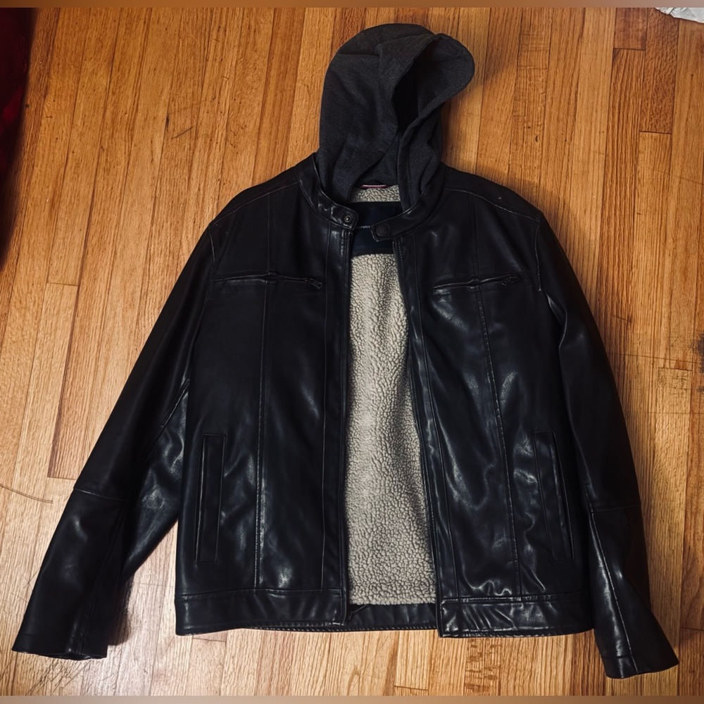 Tommy Hilfiger Black/Brown Leather Hooded Jacket Size L